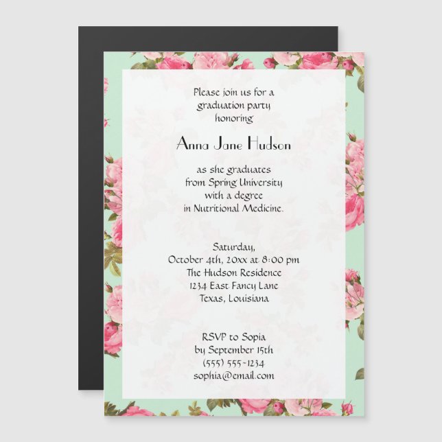 Graduation - Roses, Flowers, Leaves - Pink Green Magnetic Invitation (Front/Back)