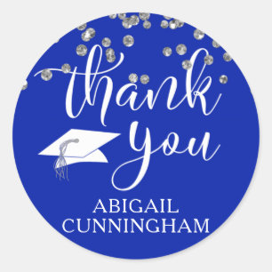 Graduation Royal Blue Confetti Script THANK YOU Classic Round Sticker