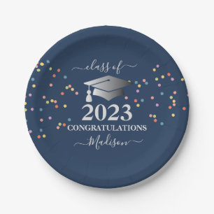 Graduation Royal Blue Confetti Silver initial Paper Plate