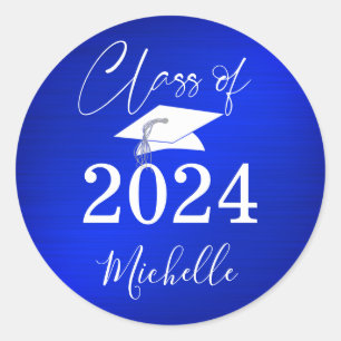 Graduation Royal Blue Script Cap Faux Metallic Classic Round Sticker