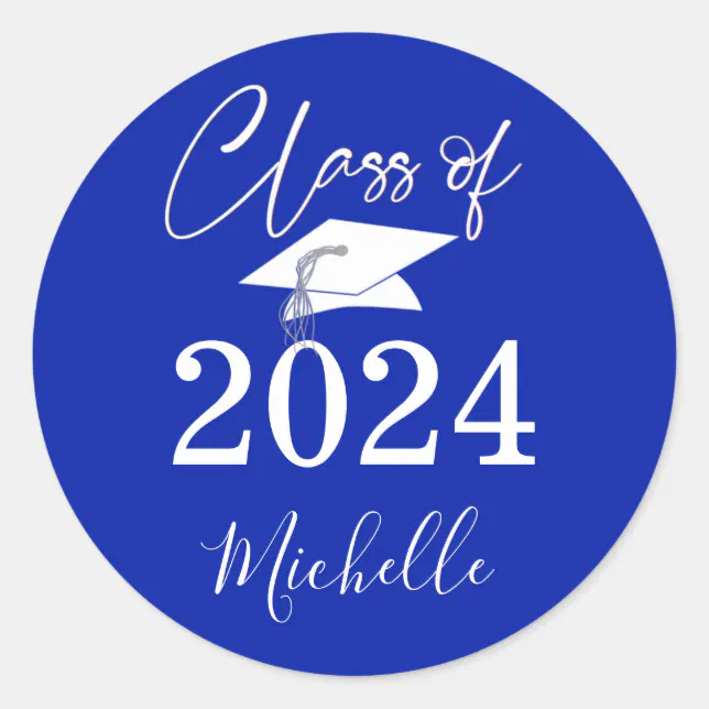 Graduation Royal Blue Script Class Year Classic Round Sticker | Zazzle