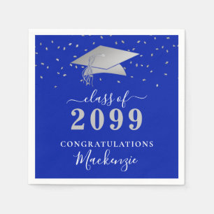 Graduation Royal Blue Silver Confetti Script Napkin
