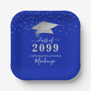 Graduation Royal Blue Silver Confetti Script Paper Plate