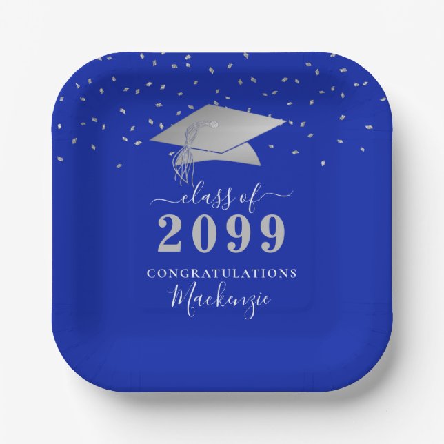 Graduation Royal Blue Silver Confetti Script Paper Plate (Front)
