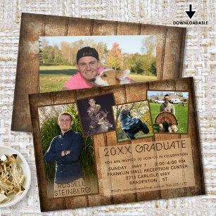 Graduation Rustic Country Wood 5 Photo Collage Invitation