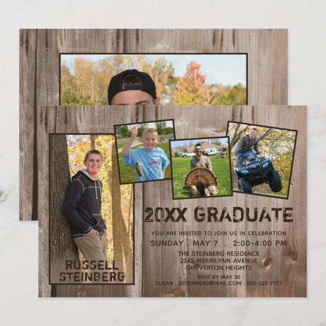 Graduation Rustic Country Wood 5 Photo Invitation (Front/Back)