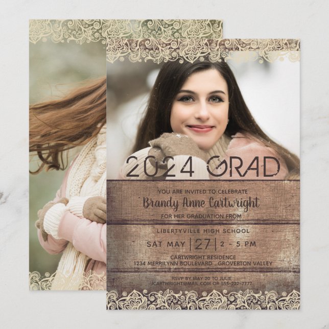 Graduation Rustic Country Wood and Lace Two Photo Invitation (Front/Back)