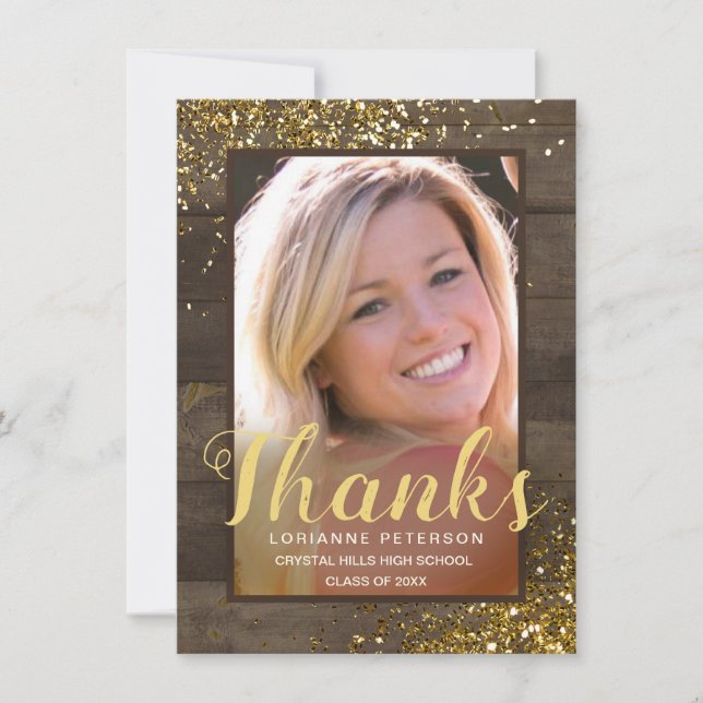 Graduation Rustic Glam Thanks Gold Script Photo Thank You Card (Front)