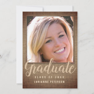 Graduation Rustic Photo Tan Burlap Modern Script Announcement