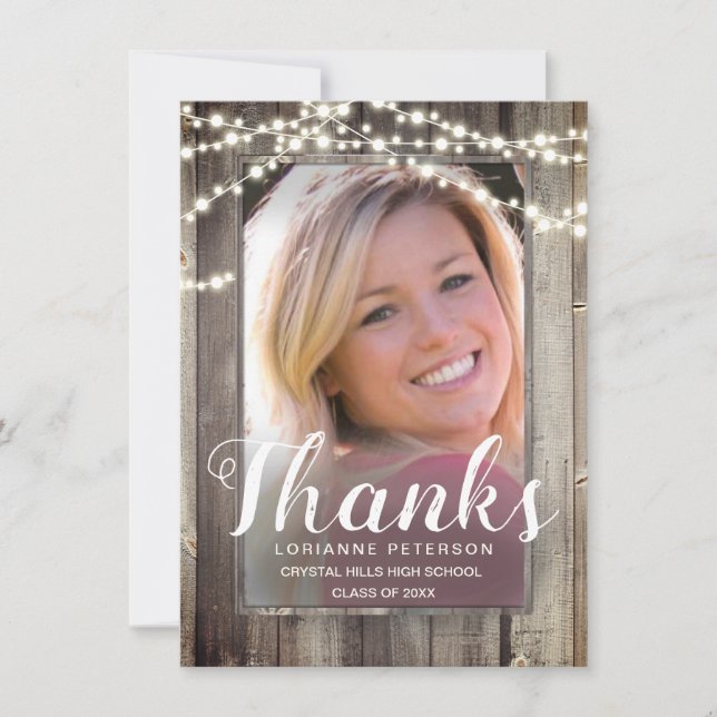 Graduation Rustic Shiplap Modern Script Photo Thank You Card (Front)