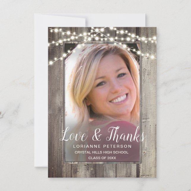 Graduation Rustic String Lights Photo Thank You Card (Front)