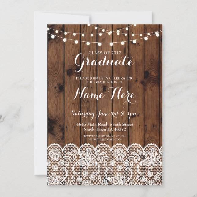 Graduation Rustic Wood Lace Lights Graduate Invite (Front)