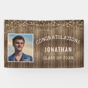 Graduation Rustic Wood String Lights Personalised Banner