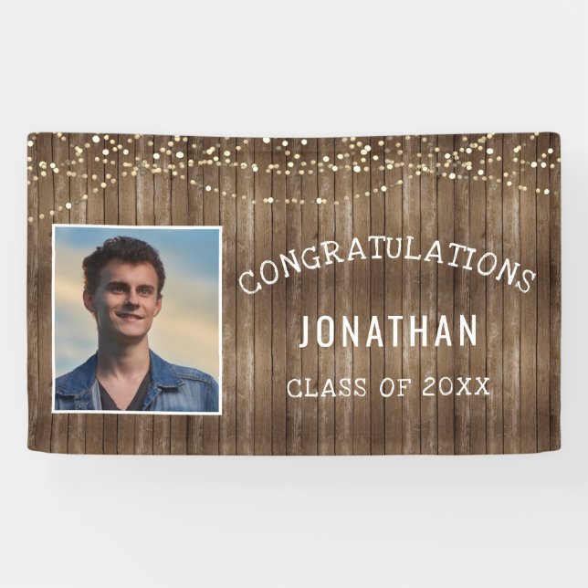 Graduation Rustic Wood String Lights Personalised Banner (Horizontal)