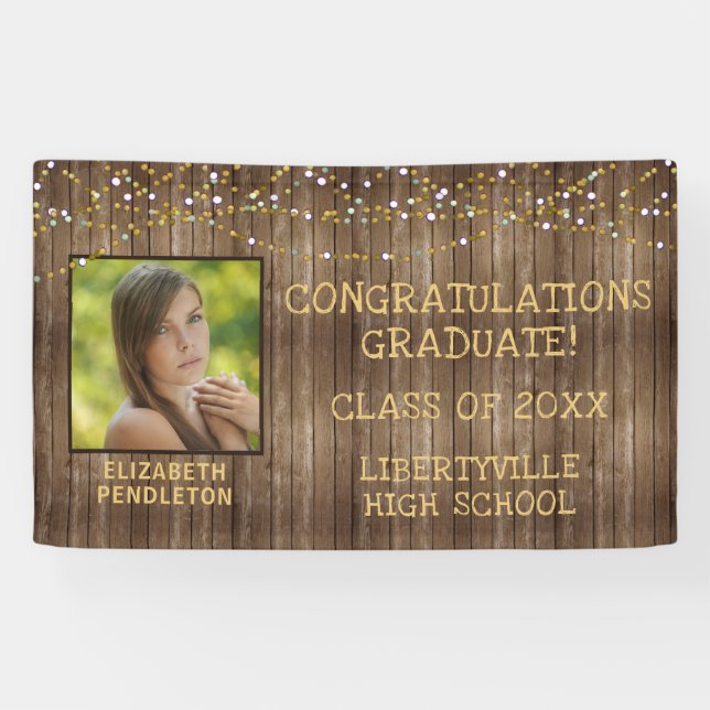 Graduation Rustic Wood String Lights Photo Banner (Horizontal)