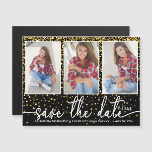 Graduation Save Date 3 Photo Gold Glitter Black  Magnetic Invitation