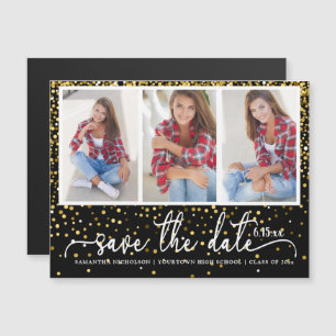 Graduation Save Date 4 Photo Gold Glitter Black Magnetic Invitation