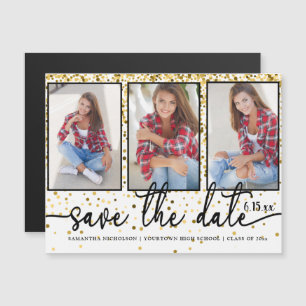 Graduation Save Date 4 Photo Gold Glitter White Magnetic Invitation
