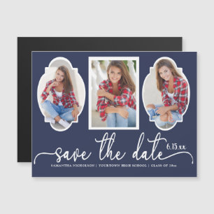 Graduation Save Date Cute 4 Photo Navy Blue White Magnetic Invitation