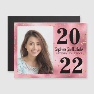 Graduation Save Date Photo Pink Gold Stars Girls Magnetic Invitation