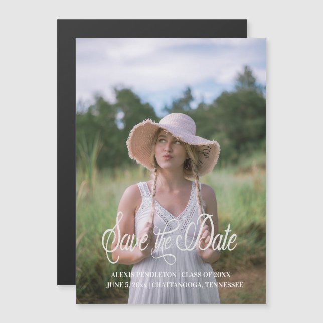Graduation Save Date Whimsical Script Girl Photo Magnetic Invitation (Front/Back)