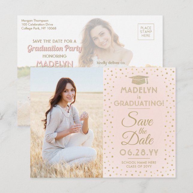 Graduation Save the Date 2 Photo Blush Pink & Gold Announcement Postcard (Front/Back)