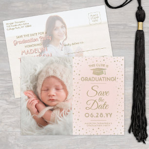 Graduation Save the Date 2 Photo Blush Pink & Gold Announcement Postcard