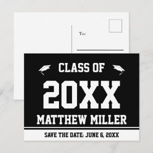 Graduation Save the Date Black and White Grad Name Announcement Postcard