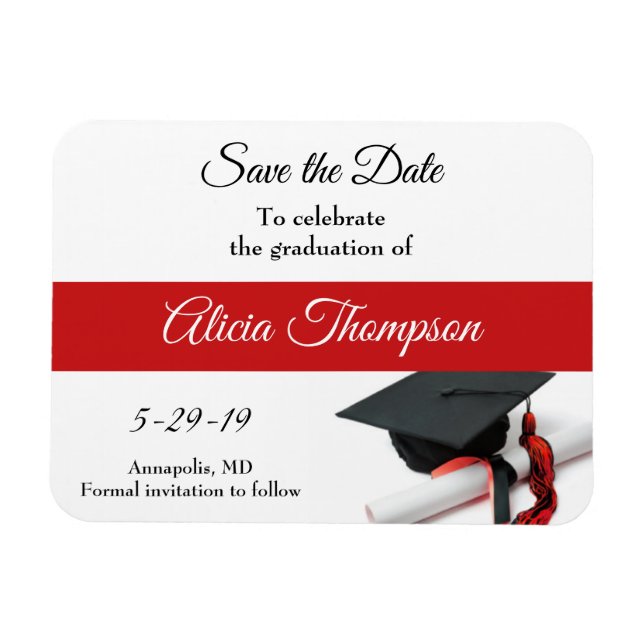 Graduation Save the Date Black Red Cap Tassel Magnet (Horizontal)