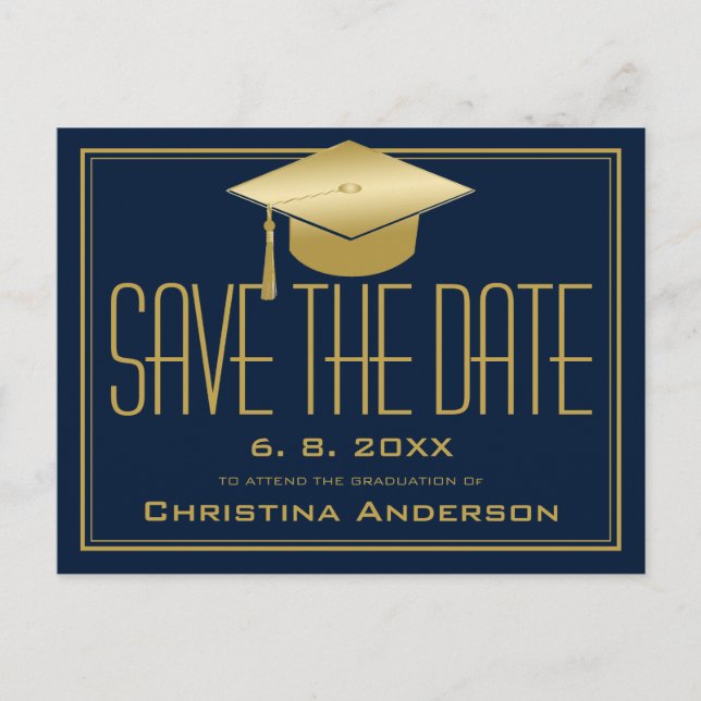 Graduation Save the Date Chic Blue Gold Grad Cap Announcement Postcard (Front)
