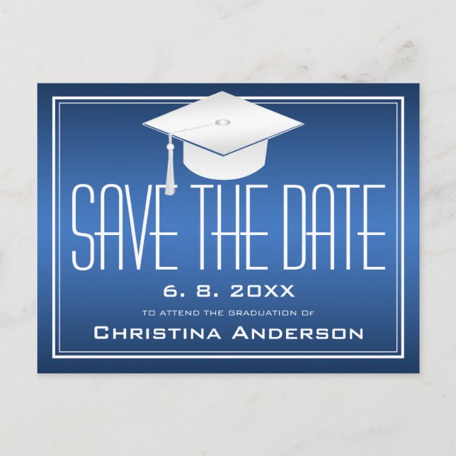Graduation Save the Date Chic Blue White Grad Cap Announcement Postcard (Front)
