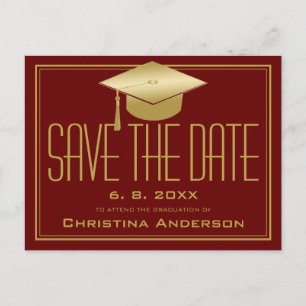 Graduation Save the Date Chic Maroon Gold Grad Cap Announcement Postcard