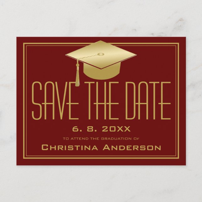 Graduation Save the Date Chic Maroon Gold Grad Cap Announcement Postcard (Front)