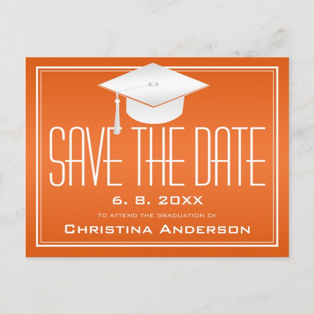 Graduation Save the Date Chic Orange Grad Cap Announcement Postcard (Front)