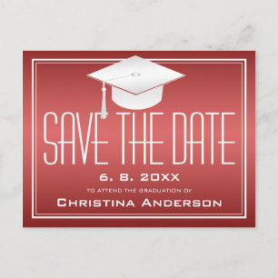 Graduation Save the Date Chic Red White Grad Cap Announcement Postcard