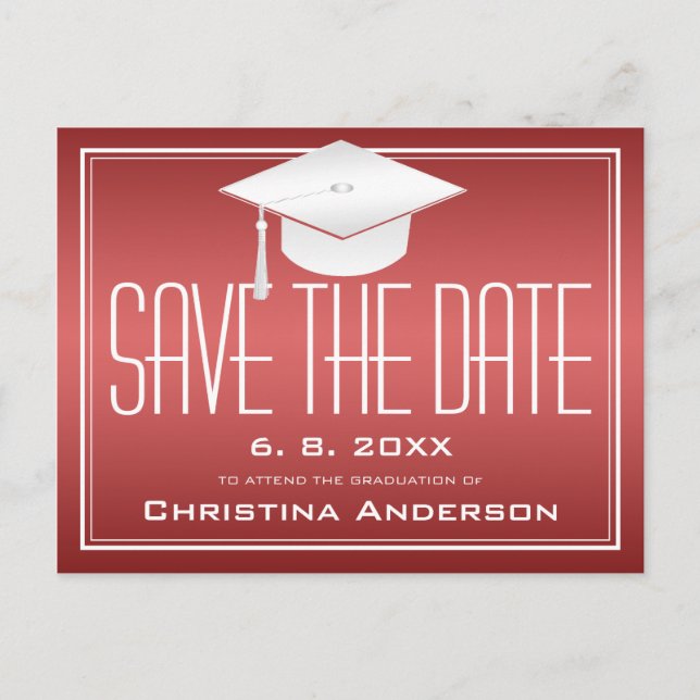 Graduation Save the Date Chic Red White Grad Cap Announcement Postcard (Front)