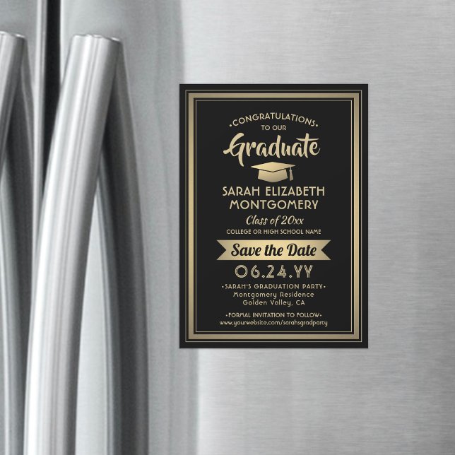 Graduation Save the Date Elegant Black and Gold Magnetic Invitation (Creator Uploaded)