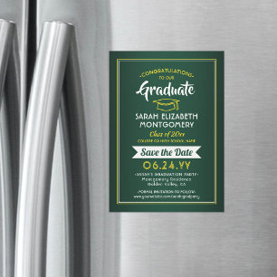 Graduation Save the Date Elegant Green Gold Yellow Magnetic Invitation