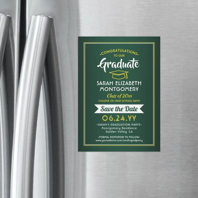 Graduation Save the Date Elegant Green Gold Yellow Magnetic Invitation (Creator Uploaded)