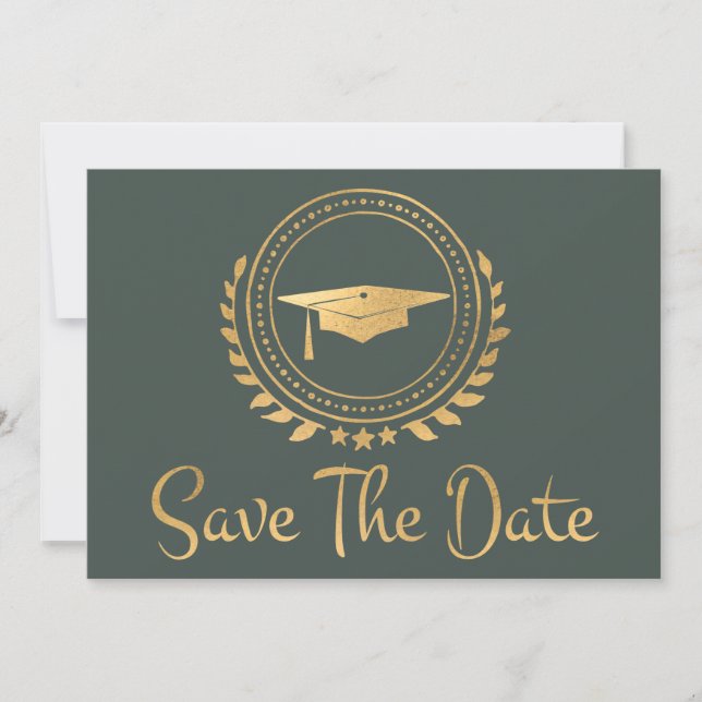 Graduation Save The Date Gold Emblem Grad Cap (Front)