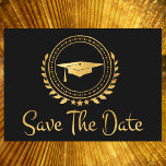 Graduation Save The Date Gold Emblem Grad Cap<br><div class="desc">I enjoy designing art work for graduations. This is modern simple and elegant classic gold and black coloured Save the Date announcement card. Modern style text. Add your own message on the back of the cards giving details to your family and friends to save the date for a graduation ceremony,...</div>