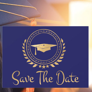 Graduation Save The Date Gold Grad Cap Blue