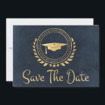 Graduation Save The Date Gold Grad Cap Blue Chalk<br><div class="desc">I enjoy designing art work for graduations. This is modern simple and elegant classic gold and blue chalk board coloured Save the Date announcement card. Modern style text. Add your own message on the back of the cards giving details to your family and friends to save the date for a...</div>