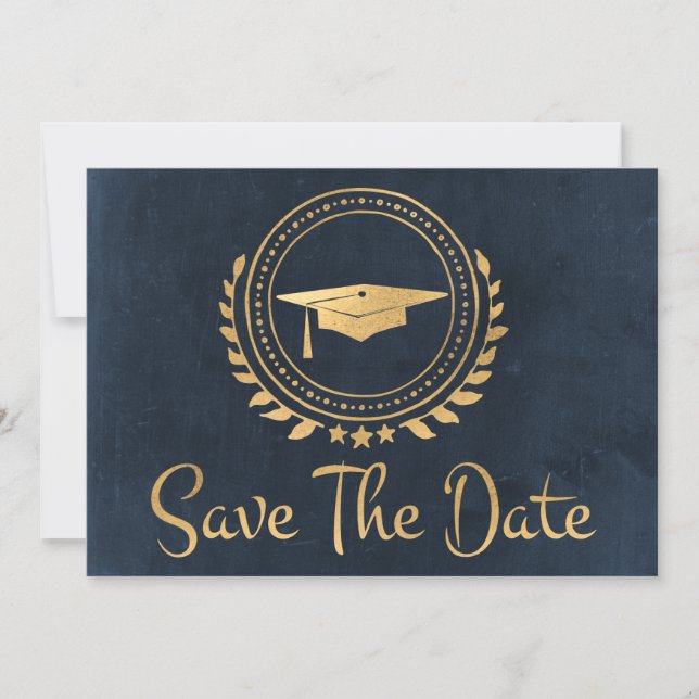 Graduation Save The Date Gold Grad Cap Blue Chalk (Front)