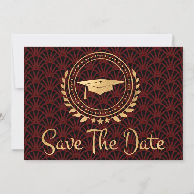 Graduation Save The Date Gold Grad Cap Deco Red (Front)
