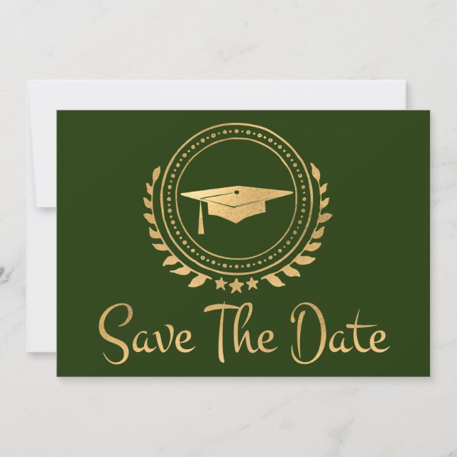 Graduation Save The Date Gold Grad Cap Green (Front)