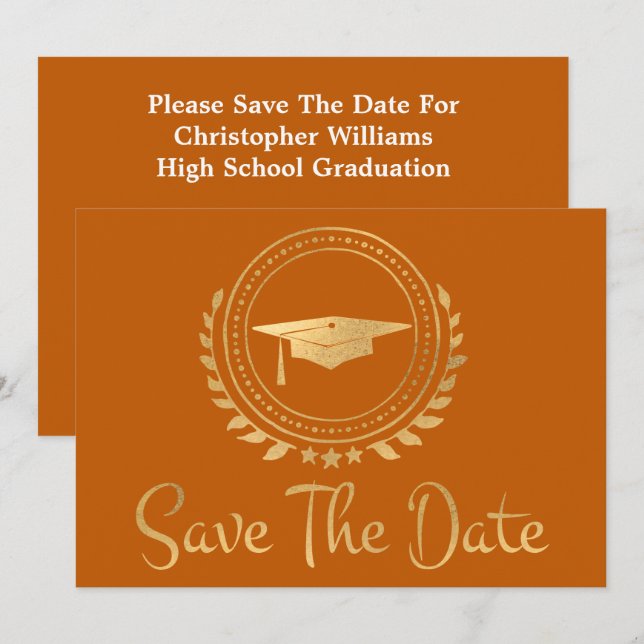 Graduation Save The Date Gold Grad Cap Orange (Front/Back)
