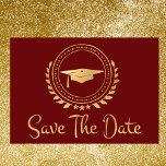 Graduation Save The Date Gold Grad Cap Red<br><div class="desc">I enjoy designing art work for graduations. This is modern simple and elegant classic gold and red coloured Save the Date announcement card. Modern style text. Add your own message on the back of the cards giving details to your family and friends to save the date for a graduation ceremony,...</div>