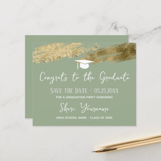 Graduation Save the date Gold Sage Green  (Front/Back In Situ)