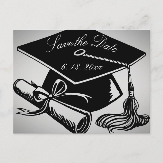 Graduation Save the Date Grad Cap Diploma Silver Announcement Postcard (Front)